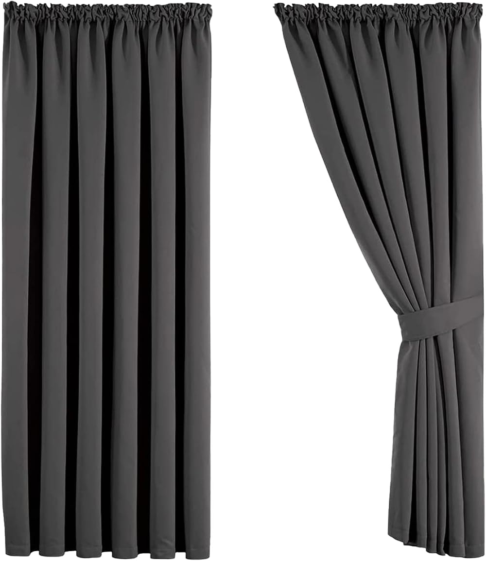 Aspire Homeware Blackout Curtains 90x90 Pencil Pleat Grey 2 Panels Tiebacks