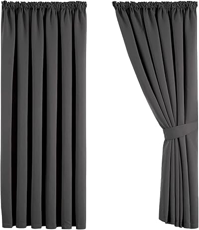 Aspire Homeware Blackout Curtains 90x90 Pencil Pleat Grey 2 Panels Tiebacks