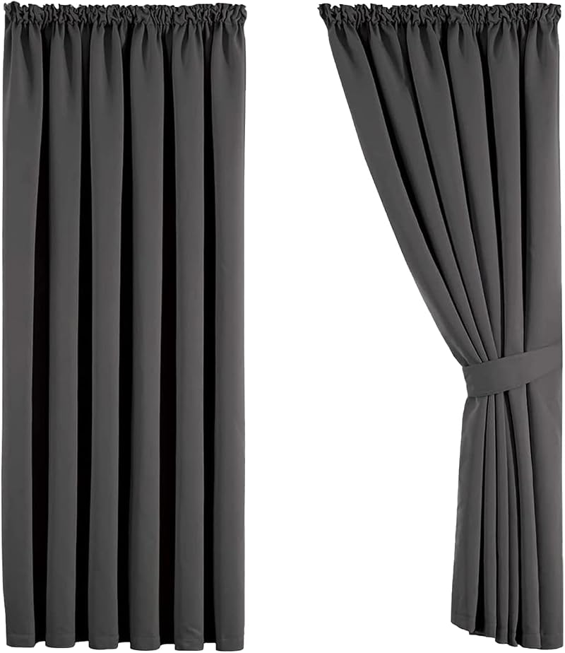 Aspire Homeware Blackout Curtains 90x90 Pencil Pleat Grey 2 Panels Tiebacks