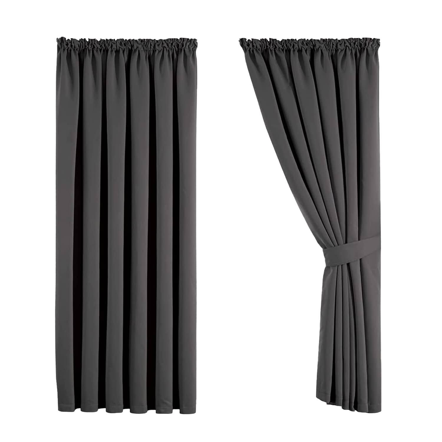 Aspire Homeware Blackout Curtains 90x90 Pencil Pleat Grey Curtains for Bedroom Thermal Insulated Super Soft Tape Top Living Room Curtain 2 Panels with Tiebacks — image 1