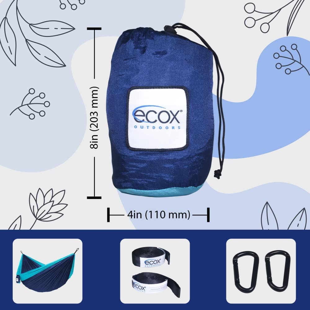 ecox Outdoors Parachute Hammock Single with 2 Tree Straps, Portable Lightweight Nylon Comfortable for Backpacking, Camping, Travel, Beach, Backyard, Patio, Hiking