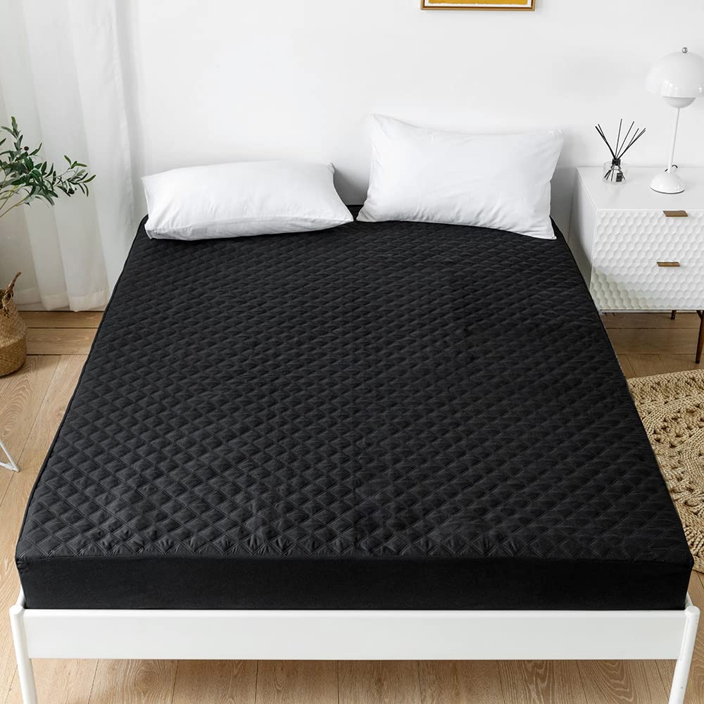 Quilted Waterproof Mattress Protector King Size,Microfiber Quilted Bed Sheet,35cm Extra Deep Mattress Cover/Topper (Black, King)