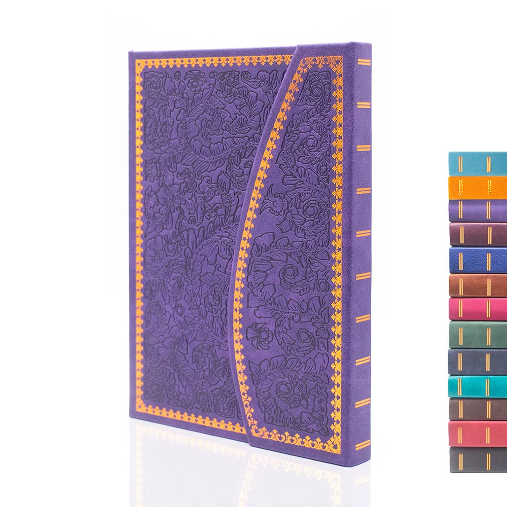 VICTORIA'S JOURNALS Magnet Journal, Carving Vintage Notebook Faux Leather Hard Cover Personal Diary Lined Pages Ribbon Bookmark, 8'' x 5.7'' (Purple)