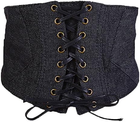CRUOXIBB Women's Elastic Wide Denim Waist Corset Belt with Press Button (Black)