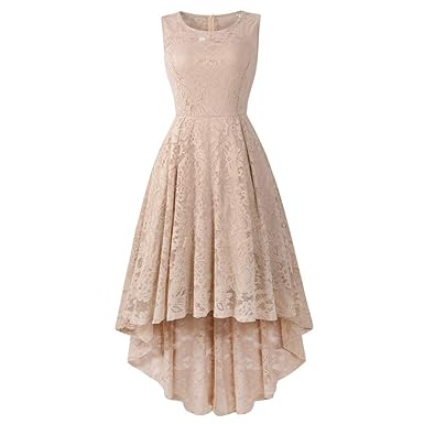 MAYOGO Vintage Elegant Kleid aus Spitze Damen Unregelmässig Vokuhila Kleid Vorne Kurz Hinten Lang,Kleid zur Hochzeit Gast/Bra