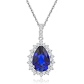 RANDES 925 Sterling Silver Teardrop Necklace for Women Huge Created Gemstone Solitaire Halo Pendant Pear Cut Birthstone Necklace