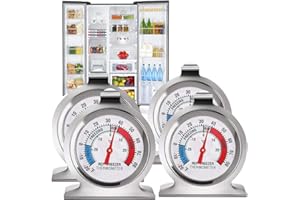 Refrigerator Thermometer 4 Pack, Freezer Thermometer Stainless Steel Fridge Thermometer with Red Indicator, Large Dial Thermo