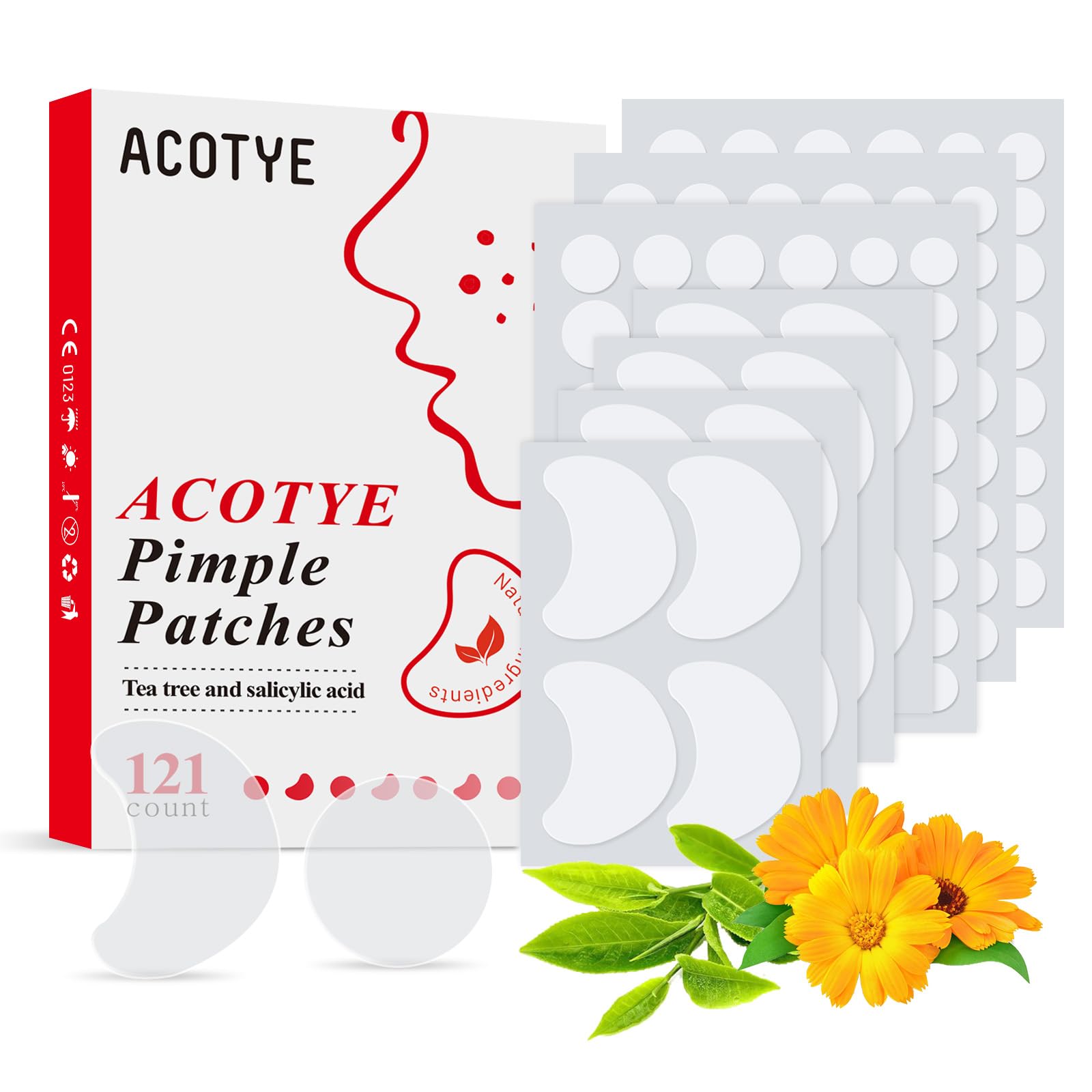 ACOTYE Pimple Patches (5 Size 121 Patches) Spot Patches Salicylic Acid,Tea Tree Oil, for Large Zit Breakouts, Hydrocolloid Patches for Face, Chin or Back