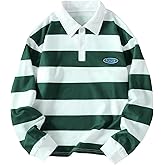 RoseSeek Boy's Striped Color Block Golf Shirts Long Sleeve Button Front Collared Rugby Shirt Preppy Tops