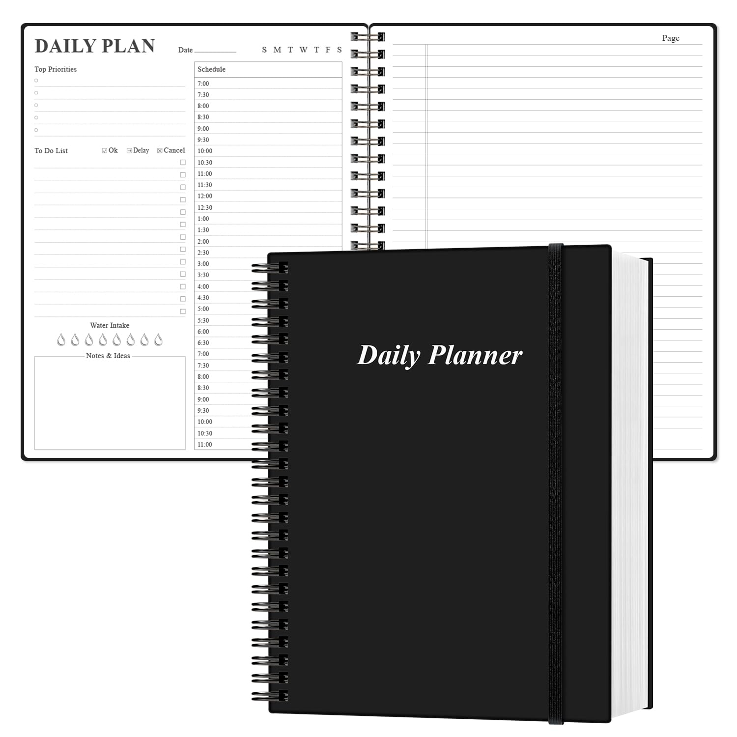 Daily Planner Undated - A4 To Do List Notebook Hourly Schedules, 150 Sheets/300 Pages Spiral Appointment Planner for Women and Men,PVC Hardcover, Inner Pocket, Large Size Planner, Black — image 1