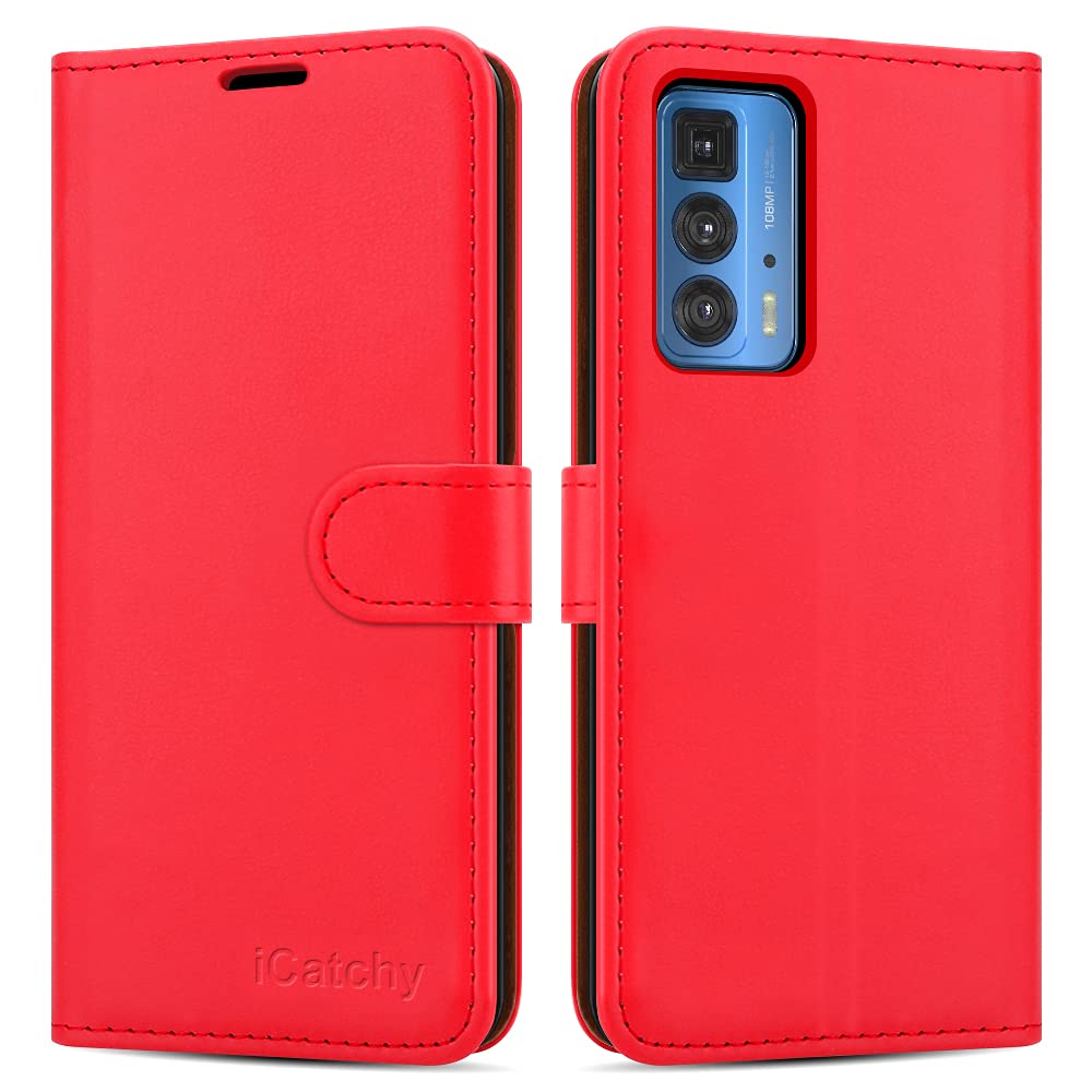 iCatchy For Motorola Edge 20 Pro Case Leather Wallet Book Flip Folio Stand View Magnetic Closure with Card Slots Case for Motorola Moto Edge 20 Pro (Red)