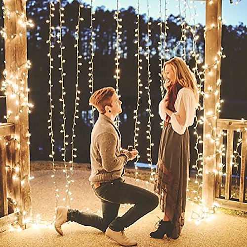 GreenClick 594 LEDs Fairy Curtain String Icicle Hanging Lights With Remote, 19.6ft Lenght-10ft Wide Christmas Waterfall Backdrop Lights, 8 Lighting Modes, UL Listed Adapter, 6 hours Timer, Warm White