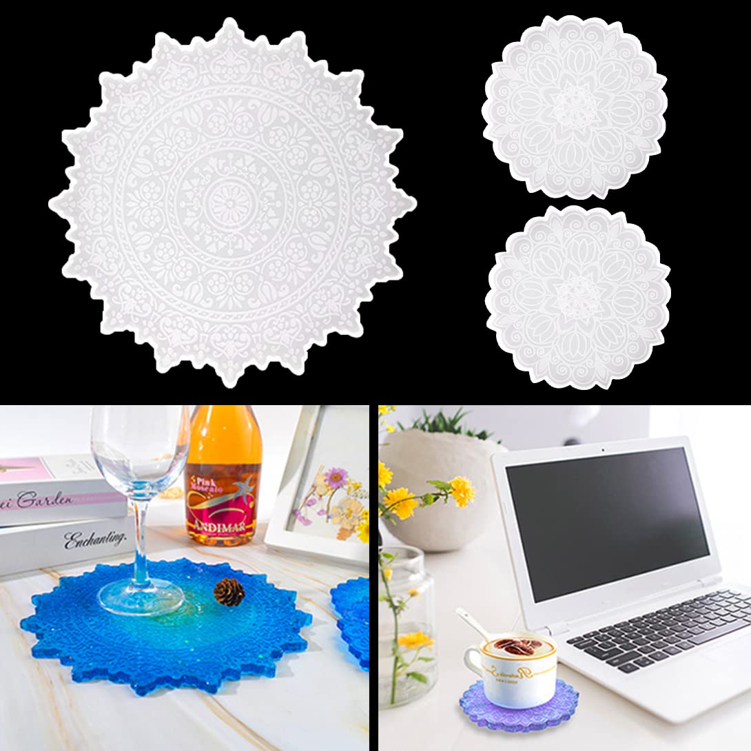 Koonafy 3 Pcs Resin Tray Moulds, Mandala Coaster Epoxy Molds, Flower Jewelry Tray Moulds Silicone, Serving Dishes Casting Molds for DIY Crafts, Trinket Plate Holder, Bowl Mats Decoration