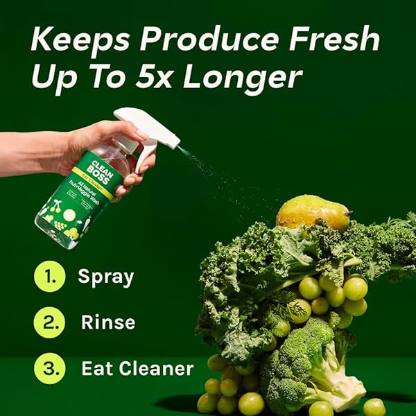CLEANBOSS EAT CLEANER TRIPLE-ACTION FRUIT + VEGGIE WASH – 12 OZ, PACK OF 3 – REMOVES HARMFUL RESIDUE – KEEPS PRODUCE FRESH UP TO 5X LONGER – INCLUDES ONE TRIGGER – VEGAN, GLUTEN FREE – IMPROVED NOZZLE