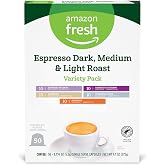 Amazon Fresh Espresso Dark, Medium &amp; Light Roast Aluminum Capsules, Variety Pack, Compatible with Nespresso Original Brewers, 50 Count (5 Packs of 10)