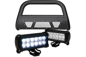 TOPLINE_AUTOPART Matte Black Studded Mesh Bull Bar Brush Push Front Bumper Grill Grille Guard With Skid Plate + 36W CREE LED Fog Lights Compatible With 99-04 Ford F250 F350 F450 F550 Superduty / 00-04 Excursion