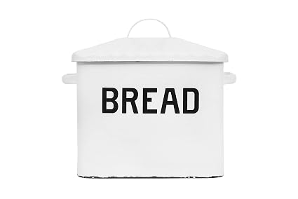Creative Co-op Enameled Metal Distressed Bread Box with Lid, White