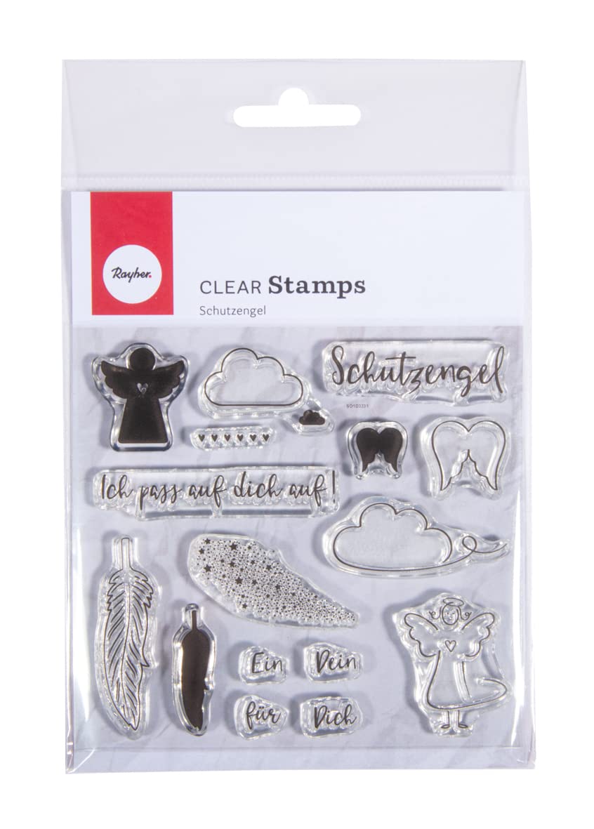 Rayher Set of 16 Clear Silicone Stamps for Card Making and Crafting, Stamps with Quardian Angel, Phrases, Feather and Cloud Designs, 102.5x97mm, 50256000