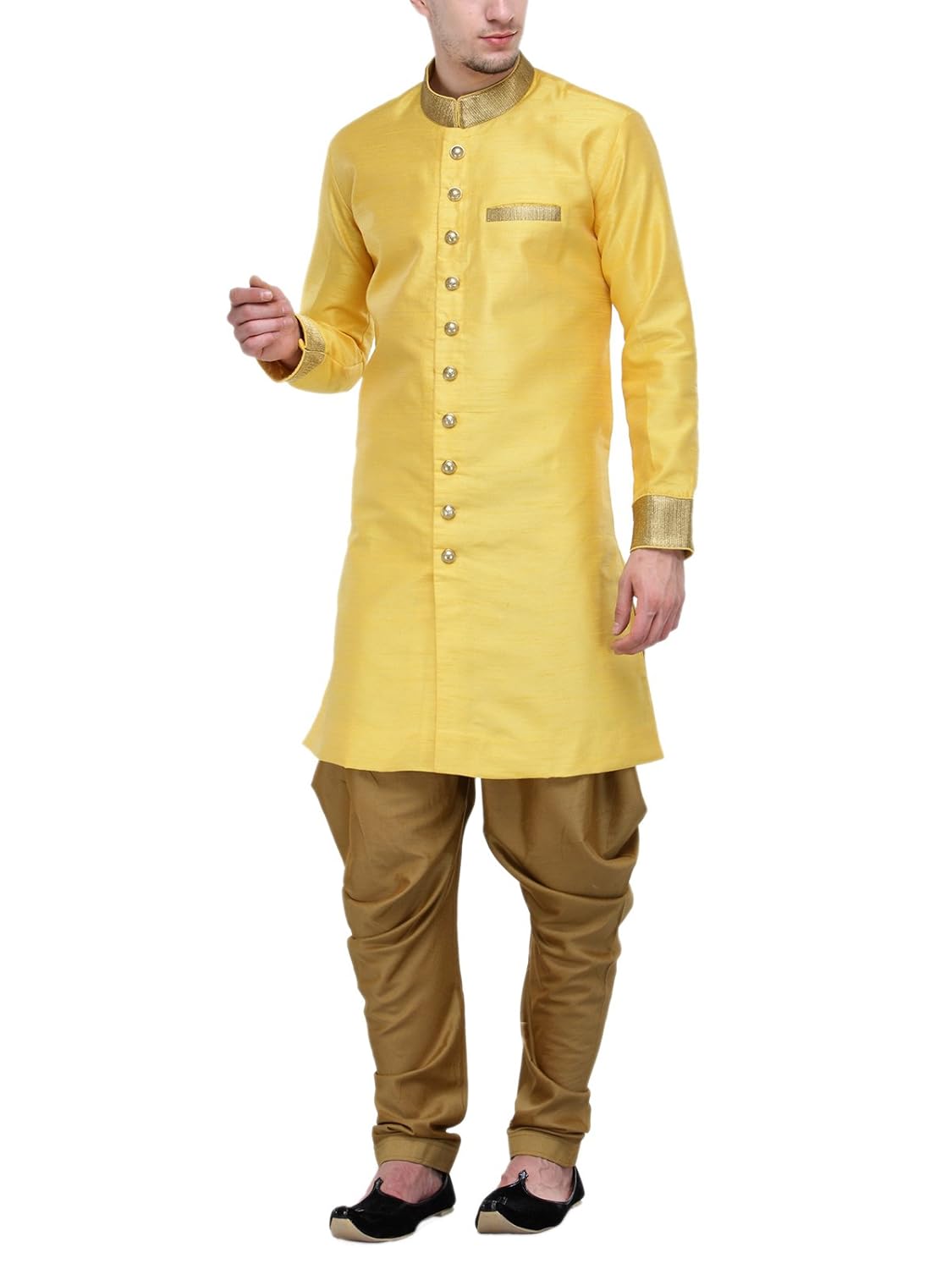 rg designers yellow and gold plain sherwani for men