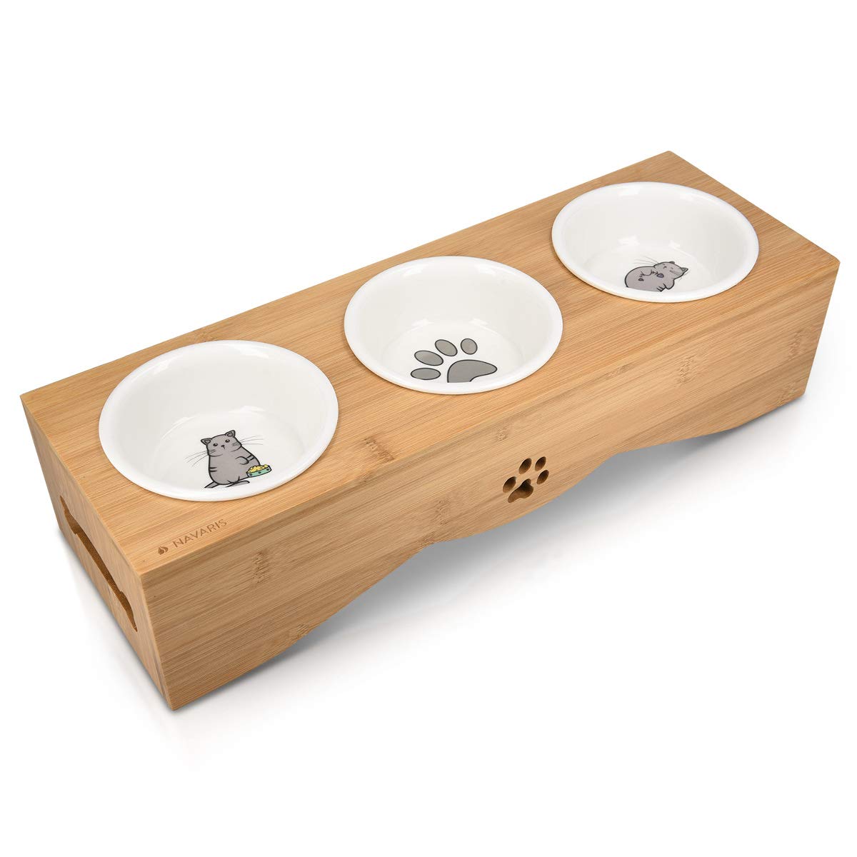 Navaris Cat Bowls with Stand - Elevated Triple Feeder for Cats - Ceramic Pet Bowl Dishes 3-Pcs Set with Printed Designs and Raised Bamboo Wood Holder Image
