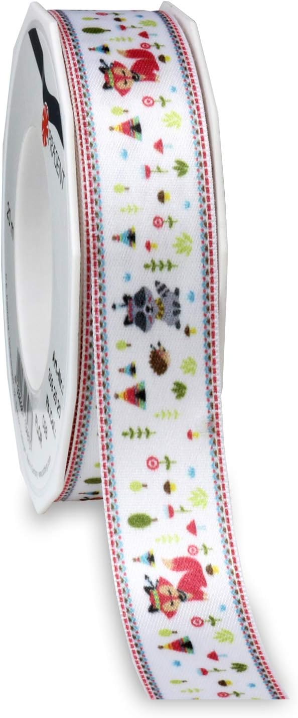 Präsent - Indianer Printed Satin Ribbon Colorful 25 mm Width, 20 m Length, White