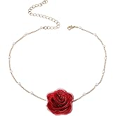 DOPENSPI Vintage Flower Choker Necklaces for Women, Rose Necklace with Faux Pearl Handmade Adjustable Rosy Floral Choker Red Necklace for Women Party Prom
