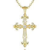 Chantel Yorke 14K Gold Cross Necklace for Womens Gold Cross Necklace for Men Baroque Pendant Elegant Chain Women CZ Stones 43cm+6cm