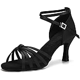 TINRYMX Women's Latin Dance Shoes Satin Ballroom Salsa Professional Practice Chacha Dance Shoes, EM217-Black-2.75 Inch Heel,7 US