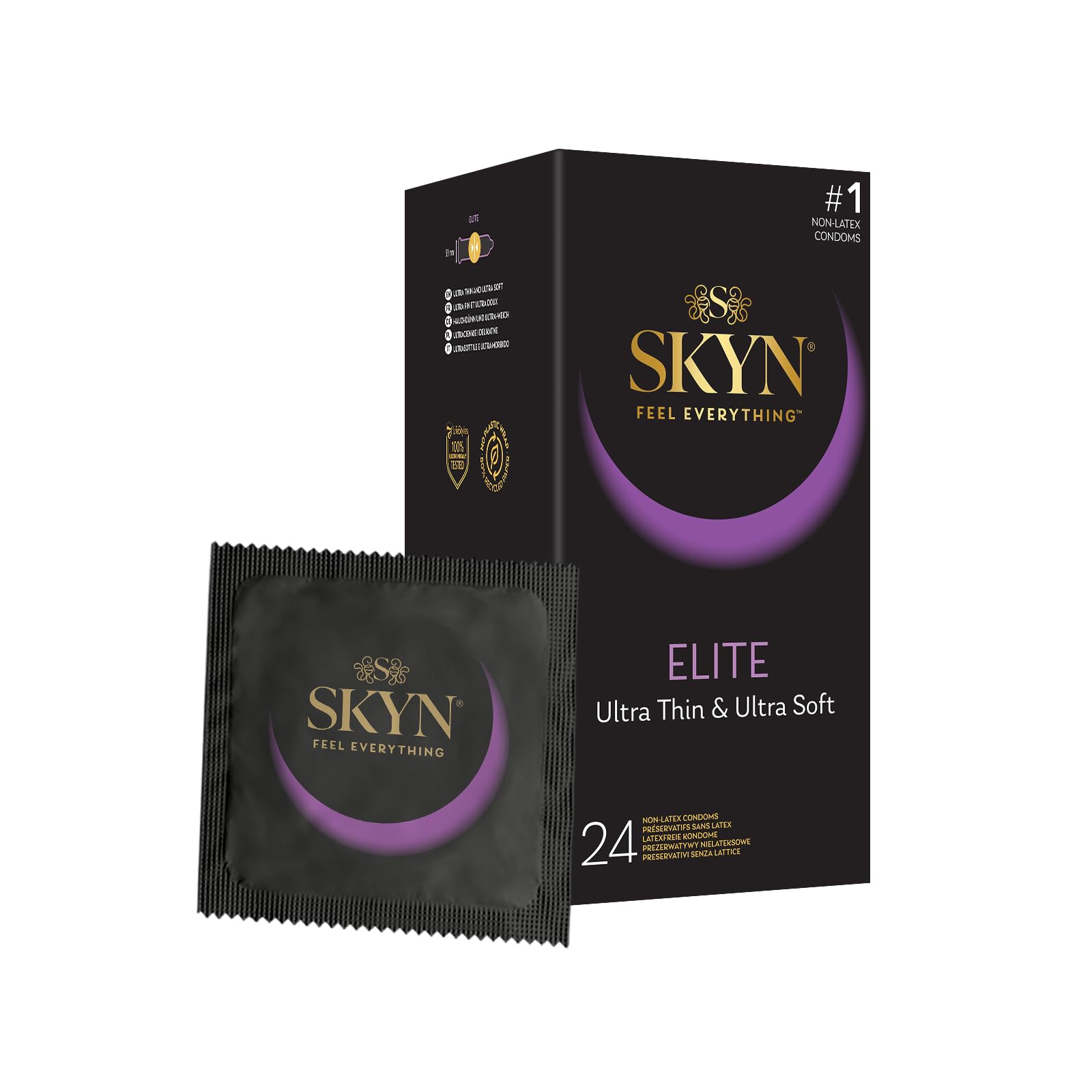 SKYN Elite (Pack of 24): Ultra-Thin Latex Free Condoms for Men, Regular Size Condoms, SKYNFEEL Technology, Smooth Surface, Lubricated, 53mm Nominal Width