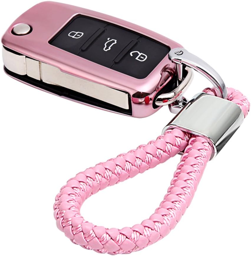 iTimo Auto Key Bag Cover Protector with Key Chain Real Car Key Case For Volkswagen VW Passat Golf Jetta Bora Polo Sagitar Tiguan(Pink)
