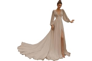 Huaxiafan Beach Long Sleeve Wedding Dresses for Bride V Neck Empire Waist Slit A Line Chiffon Bridal Gown with Train