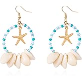 Peasimy Boho Starfish Shell Earrings for Women Geometric Rice Bead Round Dangle Earrings Summer Coastal Nautical Beach Jewelry