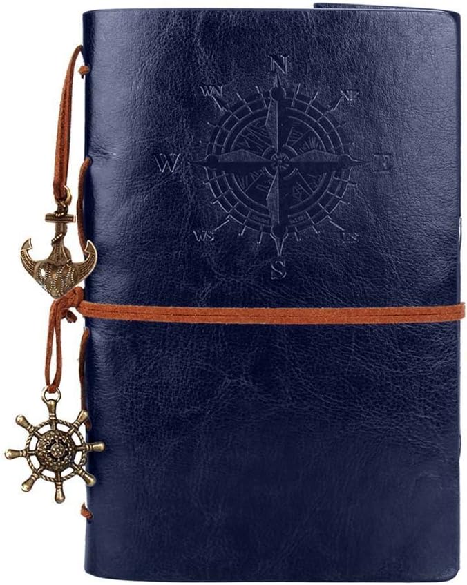 MODANA Leather Journal Refillable Notebook Premium Retro Spiral Notebook Classic Binder Vintage Embossed Travelers Journal with Blank Kraft Paper and Retro Pendants (A6, Navy)