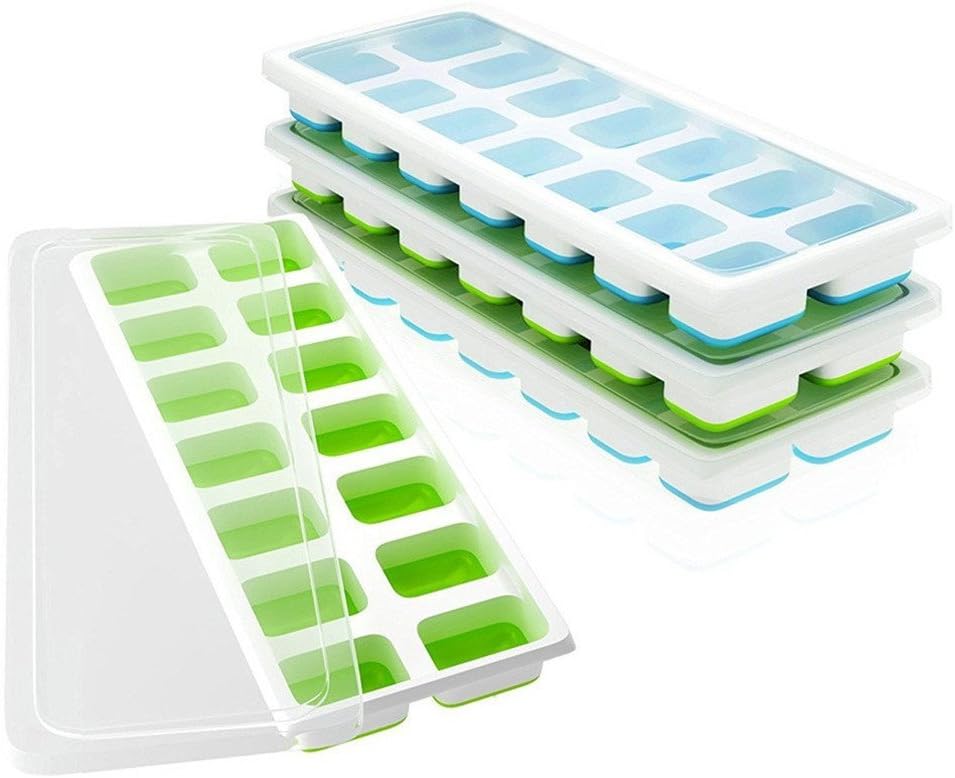 Silicone Ice Cube Trays with Removable Lids, 4 Pack Flexible Ice Cube Molds, Make 56 Ice Cubes, Stackable Durable and Safe, Nontoxic and Odor Free - Blue & Green