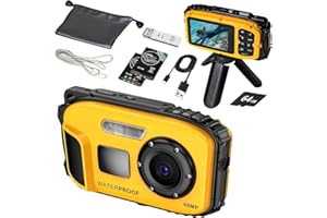 GUEDIEO Underwater Camera with 64GB Card,48MP HD Bare-Body 11FT Waterproof Camera for Snorkeling Compact Floatable Digital Camera 2 Batteries and Tripod Come Together (Yellow)