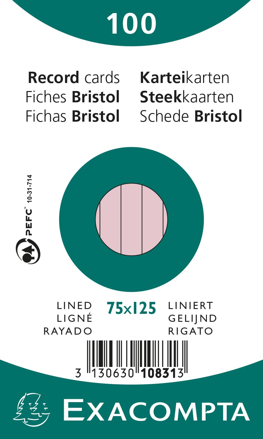 Exacompta - Ref 10831X - Bristol Lined Record Cards (Pack of 100) - 75 x 125mm in Size, 205gsm Card, Compatible with Printers - Suitable for Exam Revision & Notes - Pink