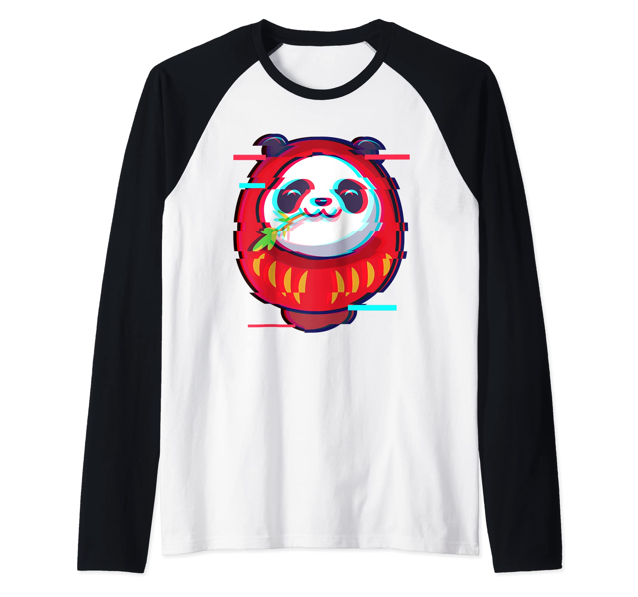 Vaporwave Japanese Daruma Doll Kawaii Panda Bear Glitch Raglan Baseball Tee