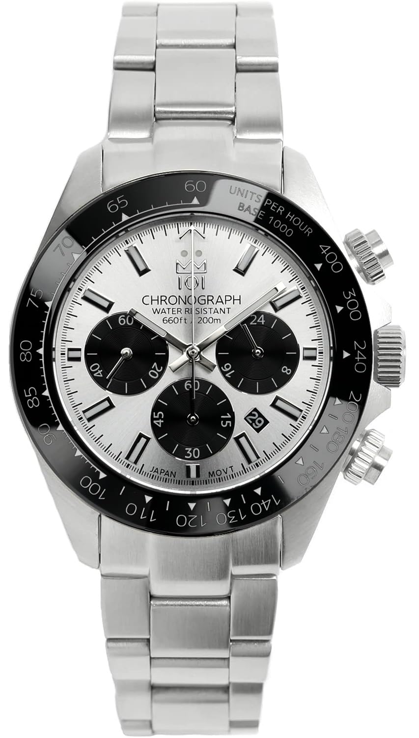 HYAKUICHI 101 Hyakuichi Diver's Chronograph Watch, Men's Watch, Water Resistant to 20 ATM, Date, Quartz, Ceramic Bezel, Silver Panda, SSV, Silver, Bracelet Type