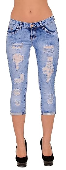 ESRA Damen Capri Jeans Hose mit Risse Damen Kurze Jeans Hose Capri bis Übergröße 50# J324
