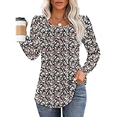 TUZIERDUO Womens Long Sleeve Shirts Pleated Dressy Casual Blouses Crewneck Trendy Fall Fashion Loose Fit Tunic Tops