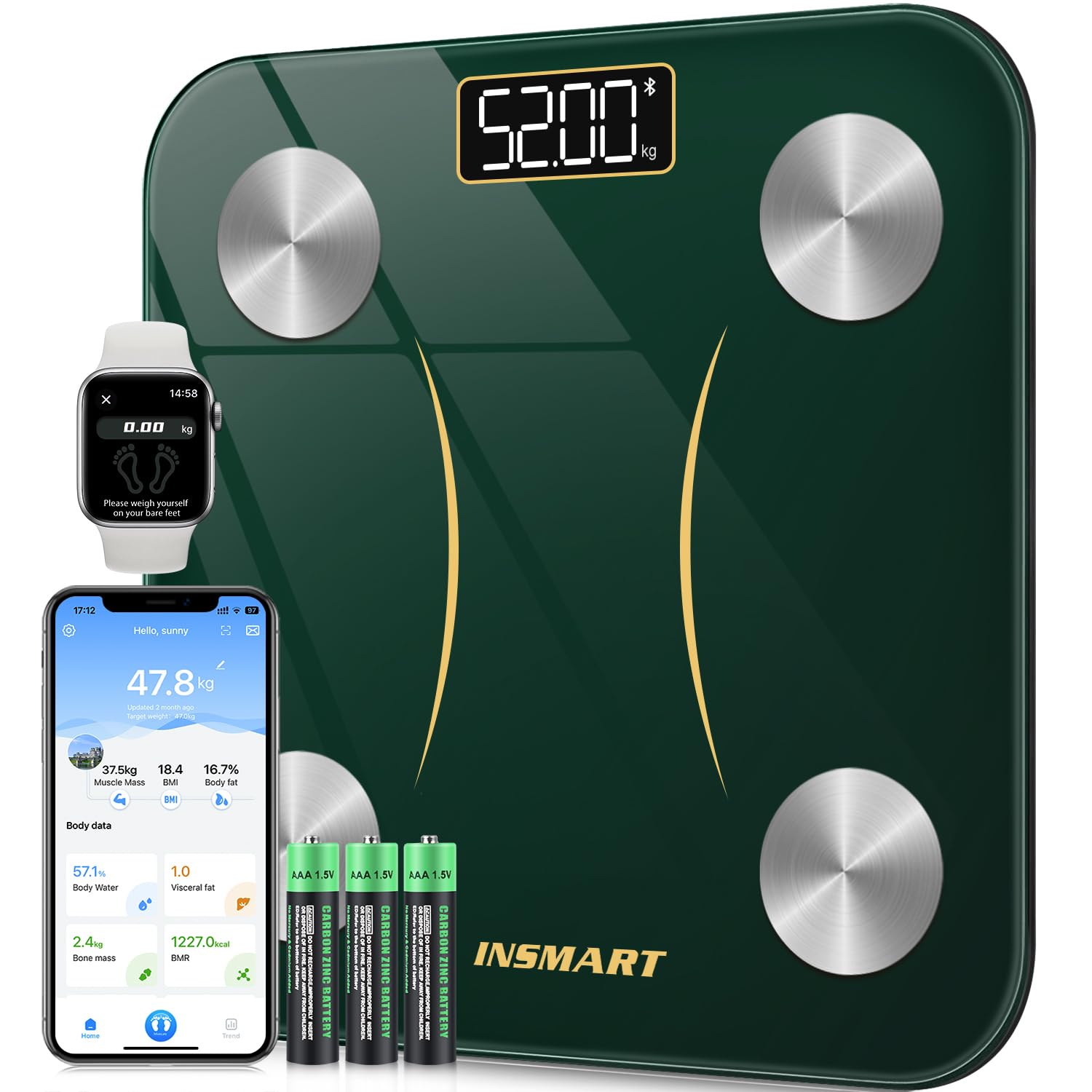 INSMART Scales for Body Weight, Bluetooth Body Fat Scales, Smart Digital Bathroom Weight Weighing Composition Analyzer with Smart APP, Body Composition Fitbit Scales for Fitness, BMR, BMI,etc. Green