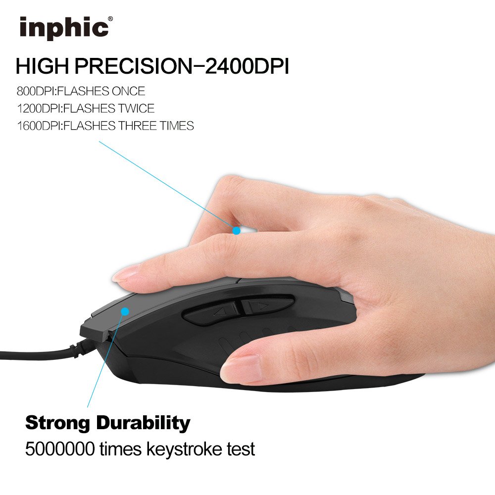 inphic Wired Computer Mouse Black Large USB Desktop Game Mice for Mac,DELL,HP PC/Laptop with Windows/XP Vista/, 6 Buttons 4 Adjustable DPI Levels, Breathing LED Light