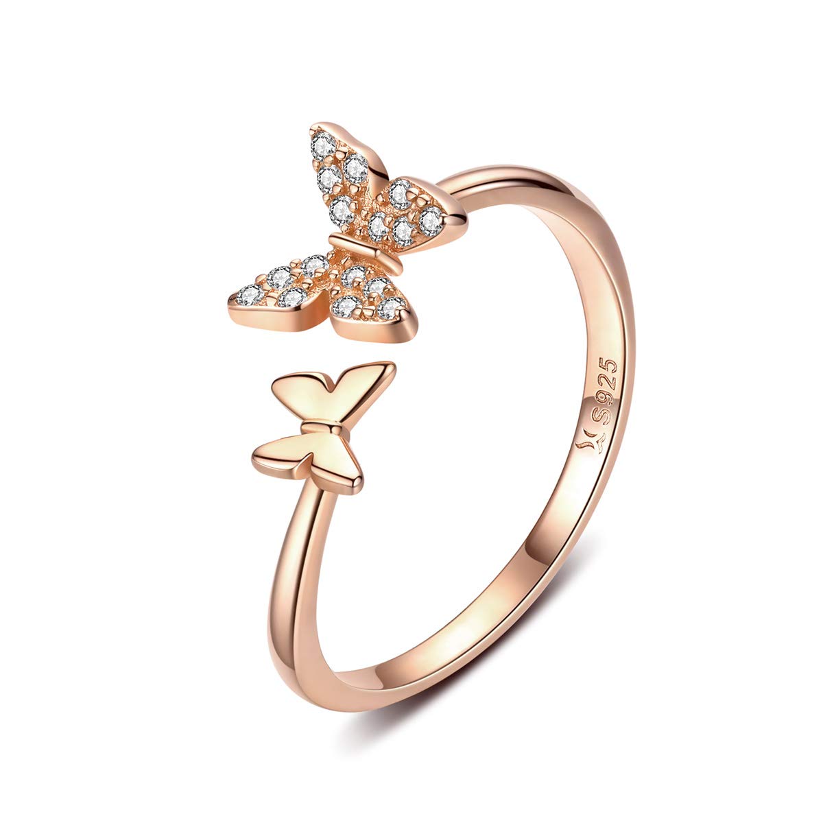 Sterling Silver Cute Butterfly Open Rings for Women Girls Adjustable Birthstone Crystal Dainty Animal Statement Promise Engagement Wedding Ring Eternity Band Rose Gold