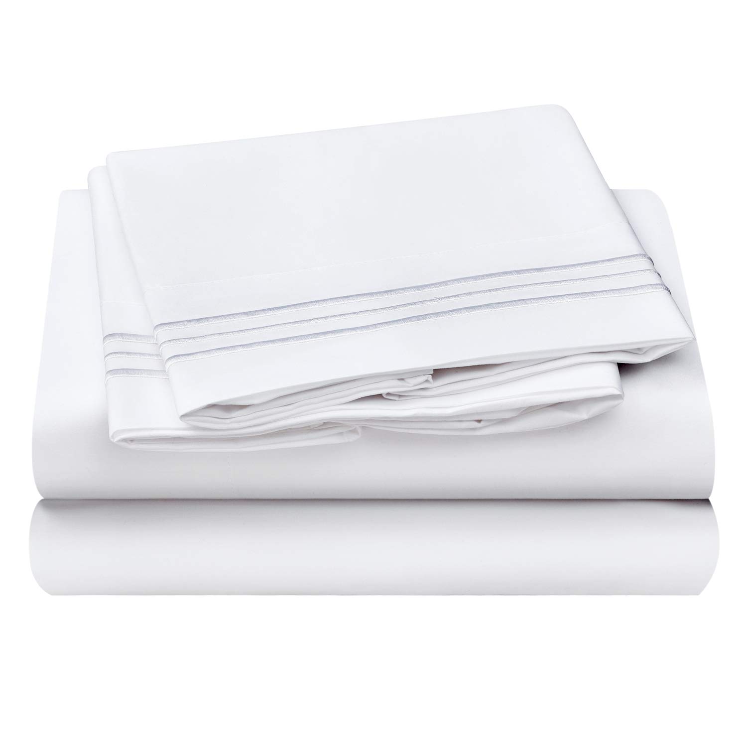 HOMEIDEAS 4 Piece 3-Line Embossed Bed Sheets Set Extra Soft Brushed Microfiber 1800 Bedding Sheets Deep Pocket, Wrinkle & Fade Free (King, White)