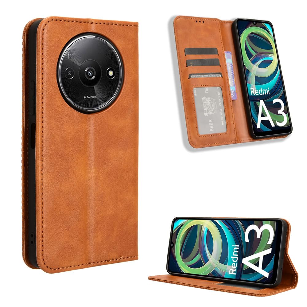 BellaCase Redmi A3 Case [Wallet Case] [Kickstand] [Card Slots] [Magnetic Flip Cover] Compatible with Redmi A3 Smartphone(Brown)