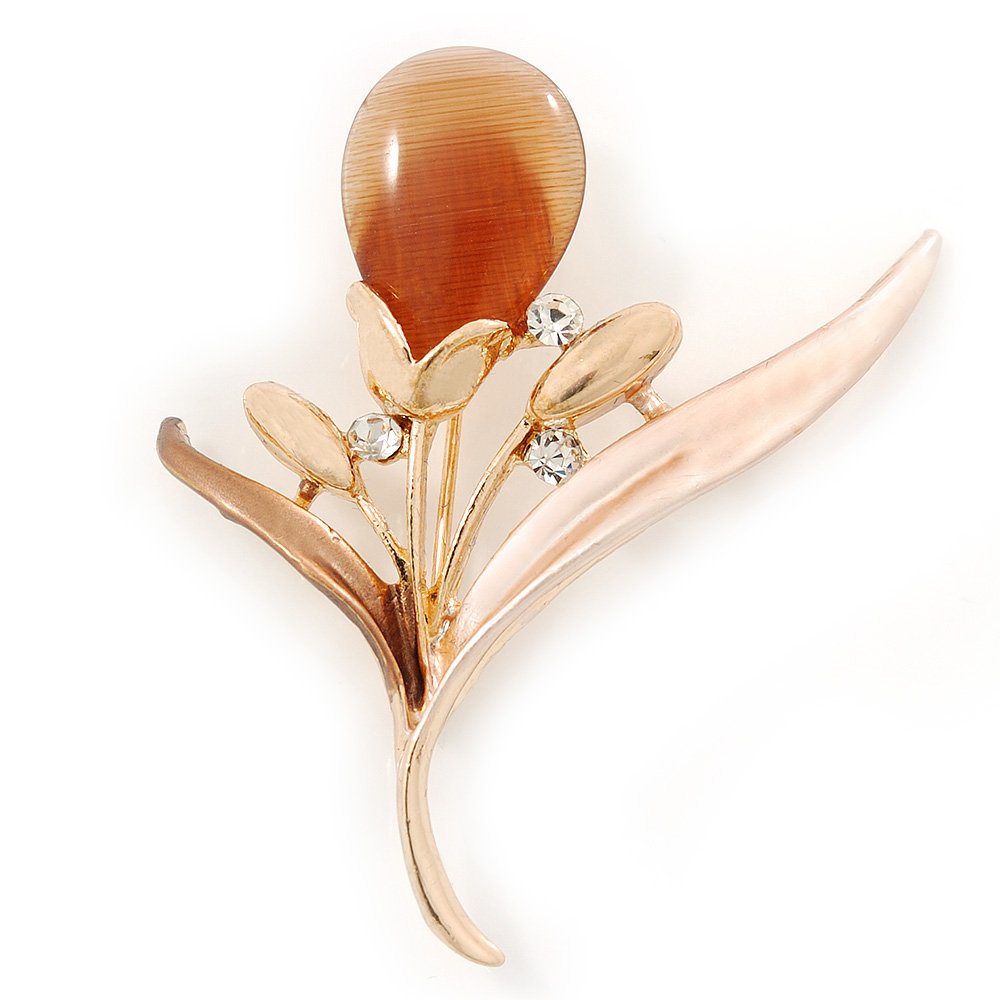Magnolia/Bronze Enamel Cat's Eye Stone Flower Brooch In Gold Tone - 50mm L