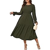 SHESTARR Women's Plus Size Dress Long Sleeve Crewneck Smocked Tiered Flowy Boho Wedding Party Maxi Dresses