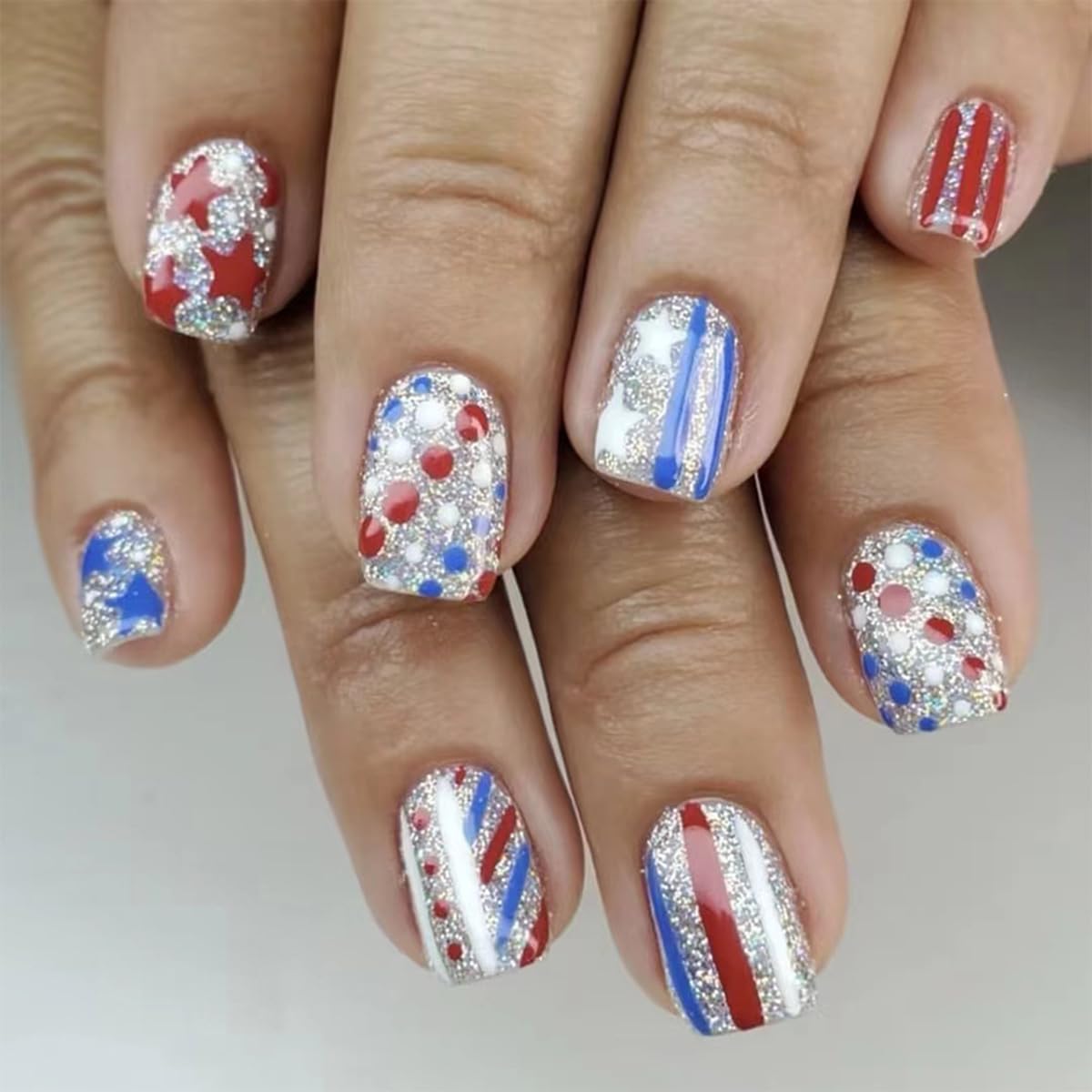Photo 1 of 24 Pcs 4th of July Press on Nails Short Square LINMEIZAI Fake Nails Press ons Independence Day Nail Tips Glue on Nails Full Cover Acrylic Nail Art Kit False Nails with Silver Glitter Design for Women