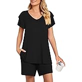 Aodemo Womens Summer Pajama Sets Ruffle Short Sleeves Sleepwear 2 Piece Pjs Lounge Short Pants with Pockets