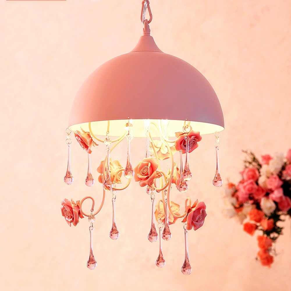 Chandelier Lamp for Dining Room Bedroom Princess Girls Room Wedding Handmade Ceramics Rose Flowers Pink Ceiling Lighting E14 LED [Energy Class A+] (Size : 30cm 3 Bulb)